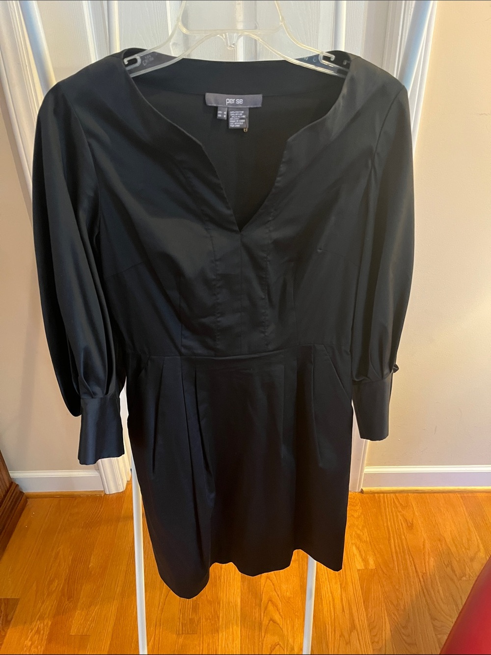 Per Se Black Midi Dress with Notch V-Neck